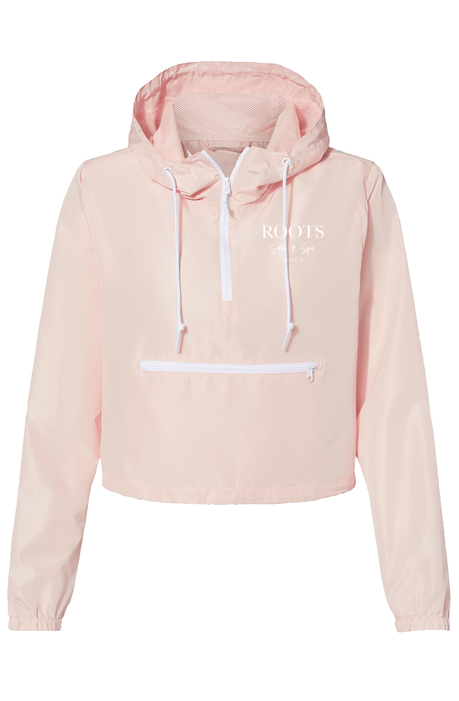 Roots Light Pink Cropped Windbreaker White Logo Crivitz WI